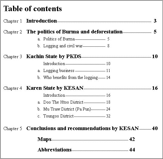 Text Box: Table of contents Chapter 1	Introduction	  3Chapter 2	The politics of Burma and deforestation	  5				a.	Politics of Burma	 5	b.	Logging and civil war	 8Chapter 3	Kachin State by PKDS	10	Introduction	10		a.	Logging business	11	b.	Who benefits from the logging	14Chapter 4 	Karen State by KESAN	16					Introduction	16	a.	Doo The Htoo District	18	b.	Mu Traw District (Pa Pun)	24	c.	Toungoo District	32Chapter 5	Conclusions and recommendations by KESAN	40	Maps	42	Abbreviations	44