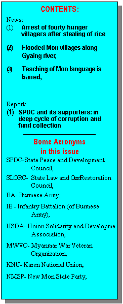 Text Box: CONTENTS:
News:
(1)	Arrest of fourty hunger villagers after stealing of rice
(2)	Flooded Mon villages along Gyaing river,
(3)	Teaching of Mon language is barred, 

Report:
(1)	SPDC and its supporters: in deep cycle of corruption and fund collection
---------------------------------------
Some Acronyms 
in this issue
SPDC-	State Peace and Development Council,
SLORC- 	State Law and Order Restoration Council,
BA-	Burmese Army,
IB -	Infantry Battalion (of Burmese Army),
USDA-	Union Solidarity and Development Association,
MWVO-	Myanmar War Veteran Organization, 
KNU-	Karen National Union,
NMSP-	New Mon State Party,


