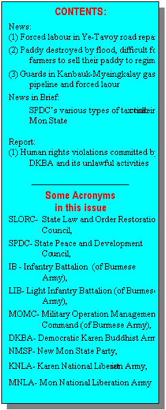 Text Box: CONTENTS:
News:
(1)	Forced labour in Ye-Tavoy road repairs
(2)	Paddy destroyed by flood, difficult for farmers to sell their paddy to regime
(3)	Guards in Kanbauk-Myaingkalay gas pipeline and forced laour
News in Brief:
SPDC�s various types of tax collection in Mon State

Report:
(1)	Human rights violations committed by DKBA and its unlawful activities

---------------------------------------
Some Acronyms 
in this issue
SLORC-	State Law and Order Restoration Council,
SPDC-	State Peace and Development Council,
IB -	Infantry Battalion  (of Burmese Army),
LIB-	Light Infantry Battalion (of Burmese Army),
MOMC-	Military Operation Management Command (of Burmese Army),
DKBA-	Democratic Karen Buddhist Army,
NMSP-	New Mon State Party,
KNLA-	Karen National Liberation Army,
MNLA-	Mon National Liberation Army

