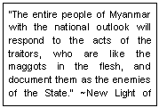 Text Box: �The entire people of Myanmar with the national outlook will respond to the acts of the traitors, who are like the maggots in the flesh, and document them as the enemies of the State.� ~New Light of Myanmar, Sept 02