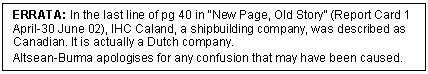 Text Box: ERRATA: In the last line of pg 40 in “New Page, Old Story” (Report Card 1 April-30 June 02), IHC Caland, a shipbuilding company, was described as Canadian. It is actually a Dutch company.
Altsean-Burma apologises for any confusion that may have been caused.